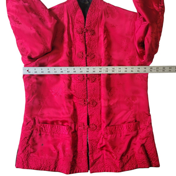 Vtg 1949 Reversible Chinese Silk Jacket Red Black Tang Floral Embroidered M - Picture 5 of 14